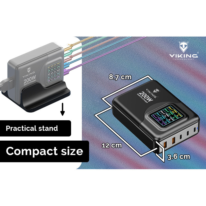 Viking USB GaN charger 200W PD PRO/sieťový adaptér/Output:3xUSB-C,2xUSB-A/Rýchlo nabíjania/