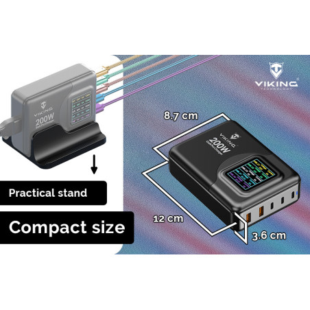 Viking USB GaN charger 200W PD PRO/sieťový adaptér/Output:3xUSB-C,2xUSB-A/Rýchlo nabíjania/