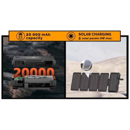 Solárna powerbanka VIKING TYR II/Output: 1xUSB-C, 2xUSB-A/Wireless charge 15W max/20000mAh/ LED svetlo