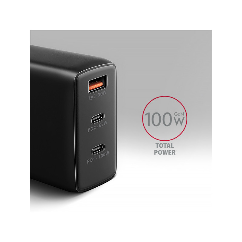 AXAGON ACU-DPQ100, GaN nabíjačka do siete 100W, 3x port (USB-A + dual USB-C), PD3.0/PPS/QC4+/Apple
