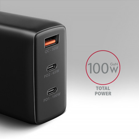 AXAGON ACU-DPQ100, GaN nabíjačka do siete 100W, 3x port (USB-A + dual USB-C), PD3.0/PPS/QC4+/Apple
