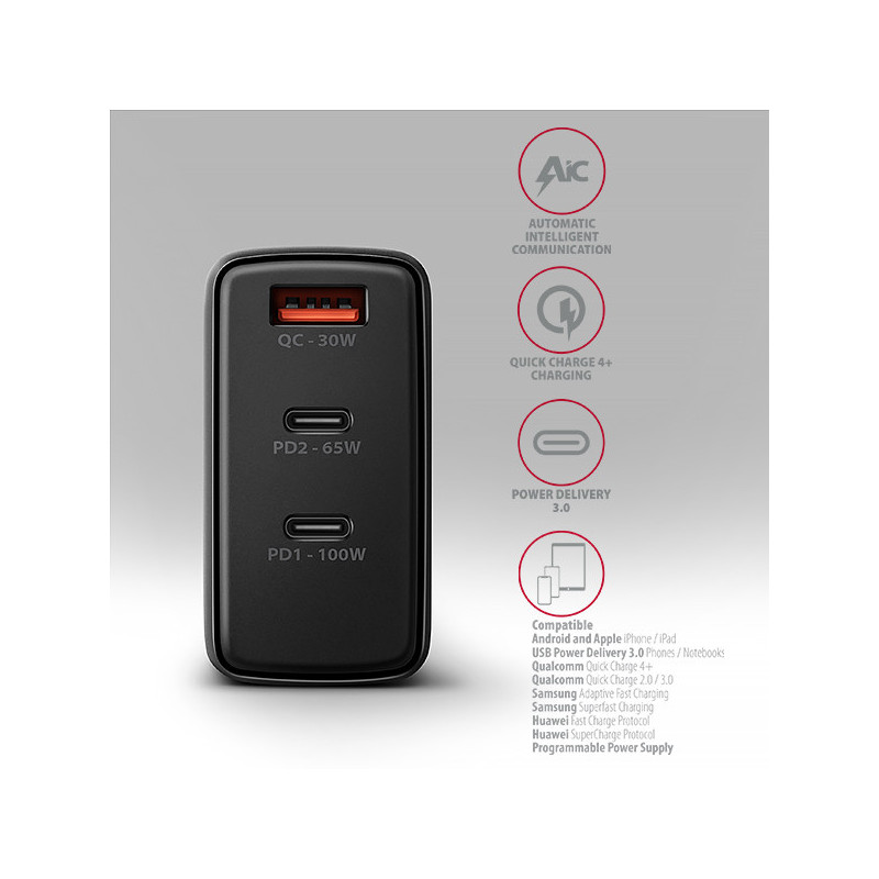AXAGON ACU-DPQ100, GaN nabíjačka do siete 100W, 3x port (USB-A + dual USB-C), PD3.0/PPS/QC4+/Apple