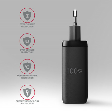 AXAGON ACU-DPQ100, GaN nabíjačka do siete 100W, 3x port (USB-A + dual USB-C), PD3.0/PPS/QC4+/Apple