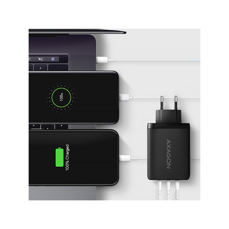 AXAGON ACU-DPQ100, GaN nabíjačka do siete 100W, 3x port (USB-A + dual USB-C), PD3.0/PPS/QC4+/Apple
