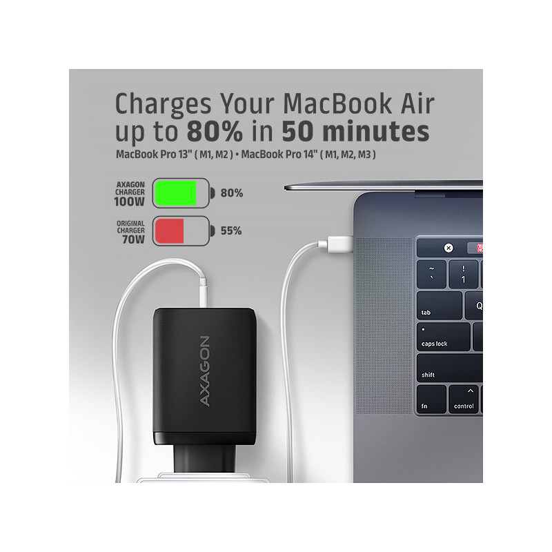 AXAGON ACU-DPQ100, GaN nabíjačka do siete 100W, 3x port (USB-A + dual USB-C), PD3.0/PPS/QC4+/Apple