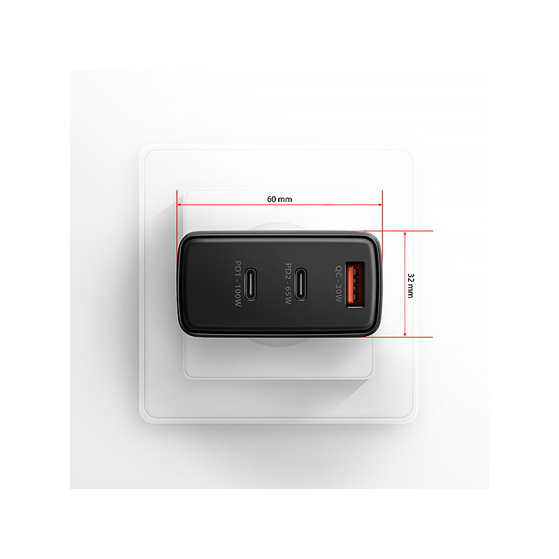 AXAGON ACU-DPQ100, GaN nabíjačka do siete 100W, 3x port (USB-A + dual USB-C), PD3.0/PPS/QC4+/Apple