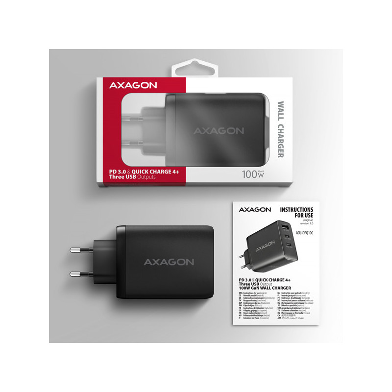 AXAGON ACU-DPQ100, GaN nabíjačka do siete 100W, 3x port (USB-A + dual USB-C), PD3.0/PPS/QC4+/Apple
