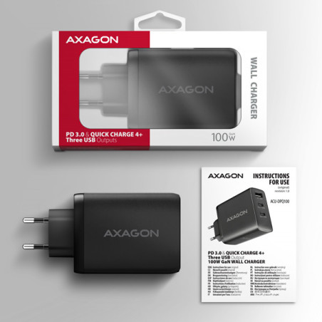 AXAGON ACU-DPQ100, GaN nabíjačka do siete 100W, 3x port (USB-A + dual USB-C), PD3.0/PPS/QC4+/Apple