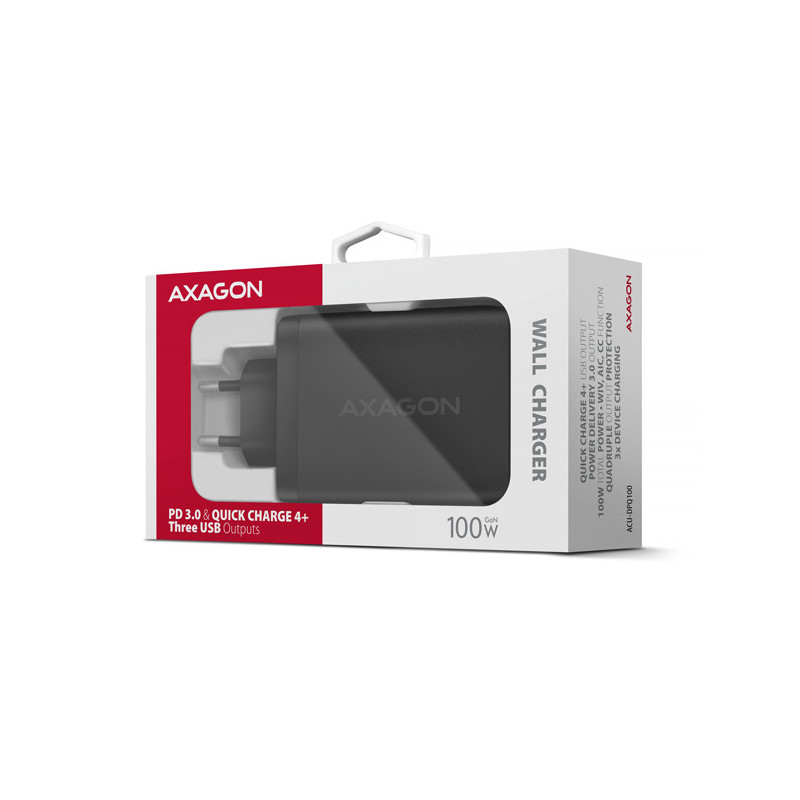 AXAGON ACU-DPQ100, GaN nabíjačka do siete 100W, 3x port (USB-A + dual USB-C), PD3.0/PPS/QC4+/Apple