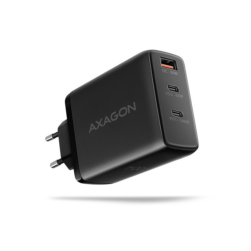 AXAGON ACU-DPQ100, GaN nabíjačka do siete 100W, 3x port (USB-A + dual USB-C), PD3.0/PPS/QC4+/Apple