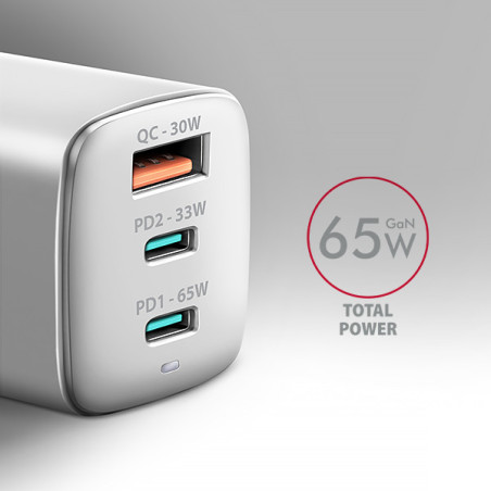 AXAGON ACU-DPQ65W, GaN nabíjačka do siete 65W, 3x port (USB-A + dual USB-C), PD3.0/QC4+/PPS/Apple