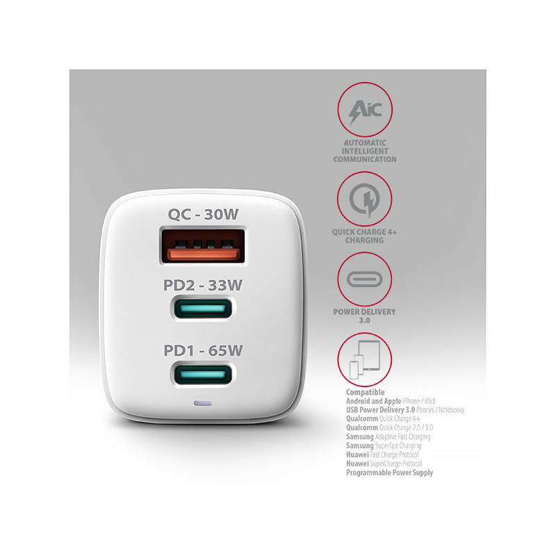 AXAGON ACU-DPQ65W, GaN nabíjačka do siete 65W, 3x port (USB-A + dual USB-C), PD3.0/QC4+/PPS/Apple