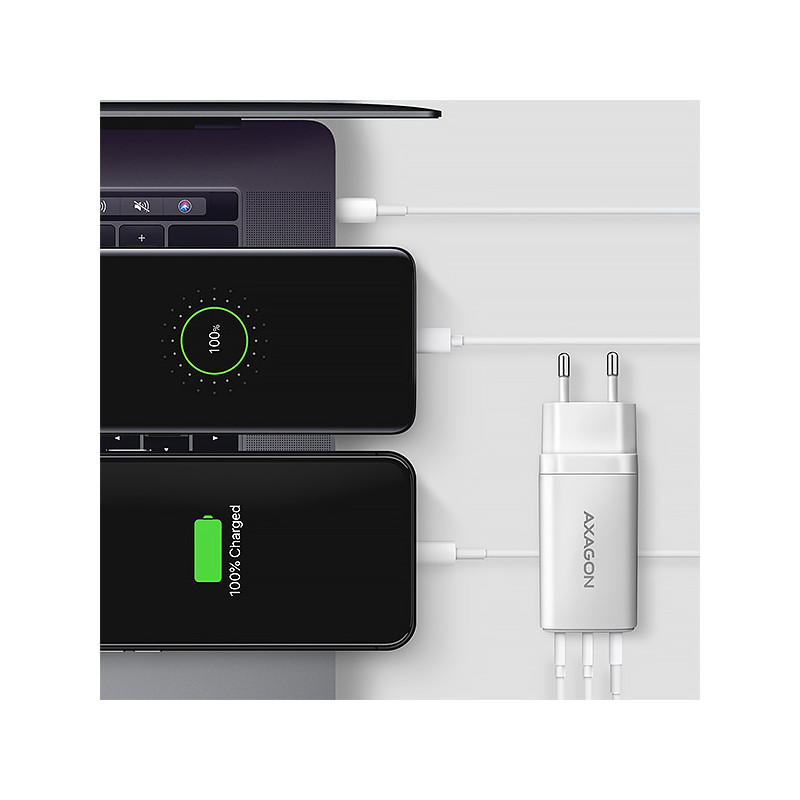 AXAGON ACU-DPQ65W, GaN nabíjačka do siete 65W, 3x port (USB-A + dual USB-C), PD3.0/QC4+/PPS/Apple