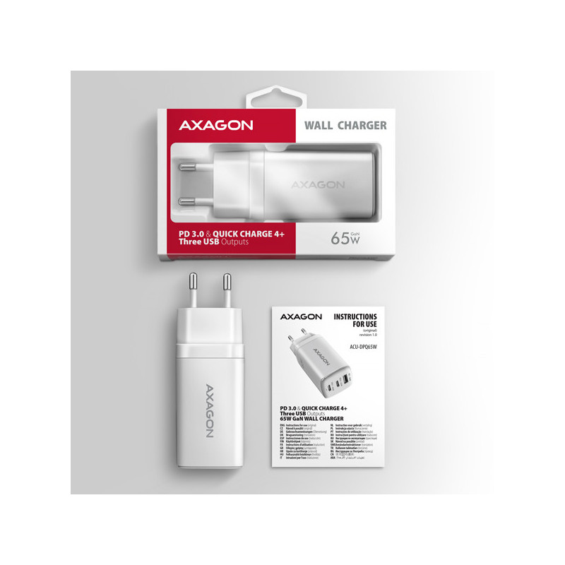 AXAGON ACU-DPQ65W, GaN nabíjačka do siete 65W, 3x port (USB-A + dual USB-C), PD3.0/QC4+/PPS/Apple