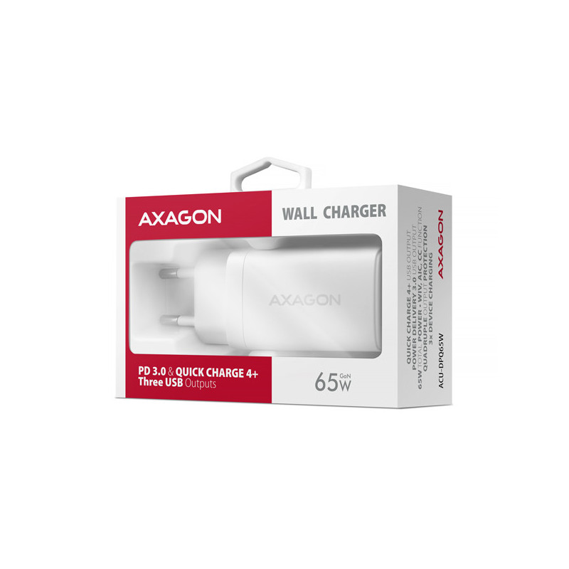 AXAGON ACU-DPQ65W, GaN nabíjačka do siete 65W, 3x port (USB-A + dual USB-C), PD3.0/QC4+/PPS/Apple
