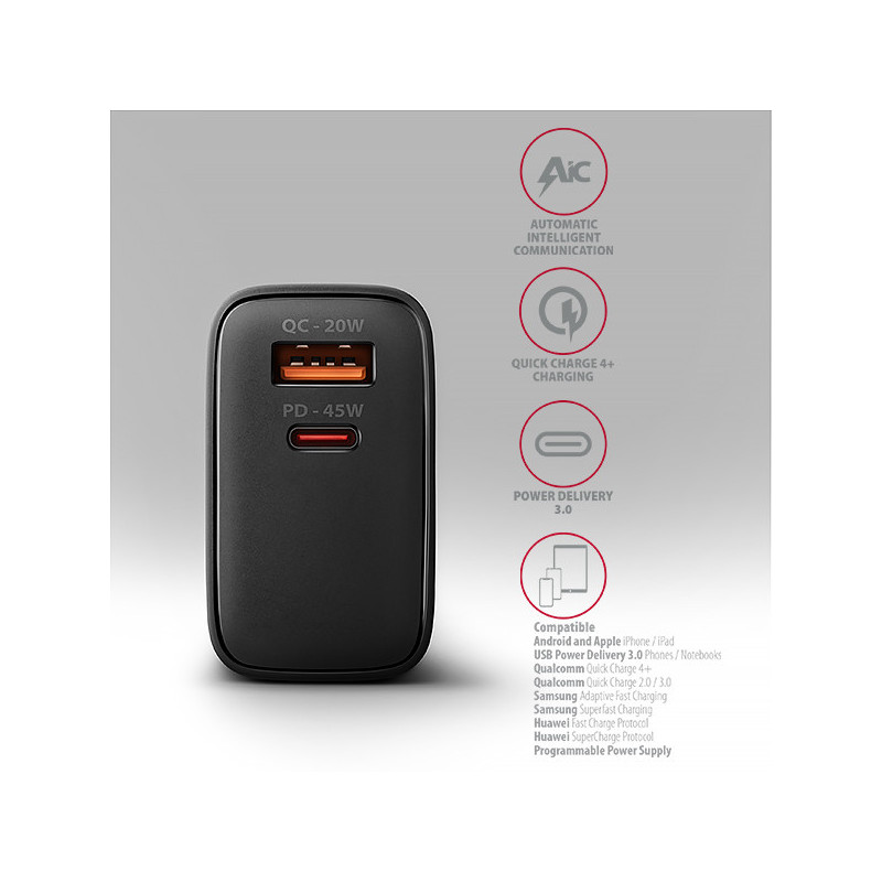 AXAGON ACU-PQ45 GaN nabíjačka do siete 45W, 2x port (USB-A + USB-C), PD3.0/PPS/QC4+/SFC 2.0/AFC/Apple