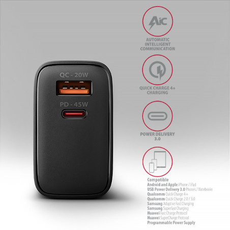 AXAGON ACU-PQ45 GaN nabíjačka do siete 45W, 2x port (USB-A + USB-C), PD3.0/PPS/QC4+/SFC 2.0/AFC/Apple