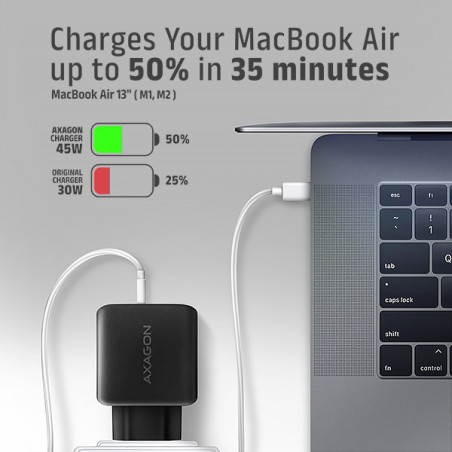 AXAGON ACU-PQ45 GaN nabíjačka do siete 45W, 2x port (USB-A + USB-C), PD3.0/PPS/QC4+/SFC 2.0/AFC/Apple