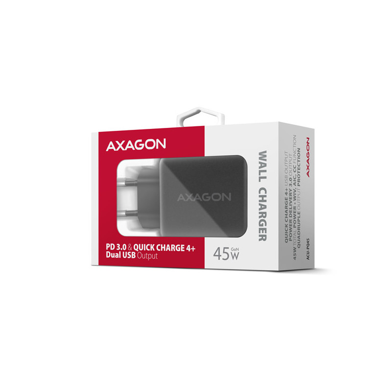 AXAGON ACU-PQ45 GaN nabíjačka do siete 45W, 2x port (USB-A + USB-C), PD3.0/PPS/QC4+/SFC 2.0/AFC/Apple