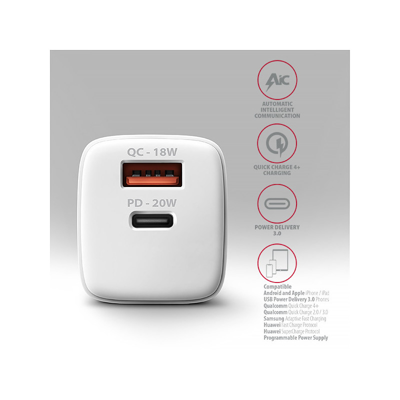 AXAGON ACU-PQ20W nabíjačka do siete 20W, 2x port (USB-A + USB-C), PD3.0/PPS/QC4+/AFC/Apple, biela