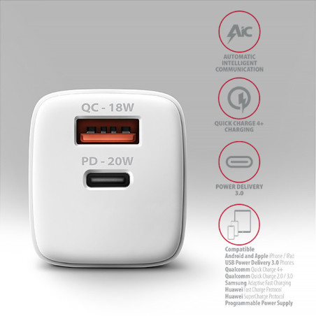 AXAGON ACU-PQ20W nabíjačka do siete 20W, 2x port (USB-A + USB-C), PD3.0/PPS/QC4+/AFC/Apple, biela