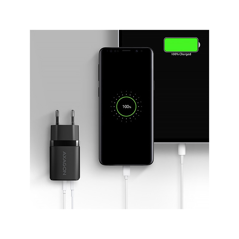 AXAGON ACU-PQ20 nabíjačka do siete 20W, 2x port (USB-A + USB-C), PD3.0/PPS/QC4+/AFC/Apple, čierna