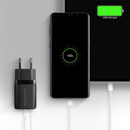 AXAGON ACU-PQ20 nabíjačka do siete 20W, 2x port (USB-A + USB-C), PD3.0/PPS/QC4+/AFC/Apple, čierna
