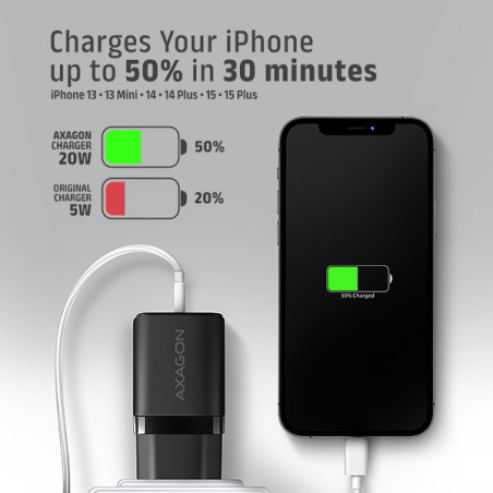 AXAGON ACU-PQ20 nabíjačka do siete 20W, 2x port (USB-A + USB-C), PD3.0/PPS/QC4+/AFC/Apple, čierna