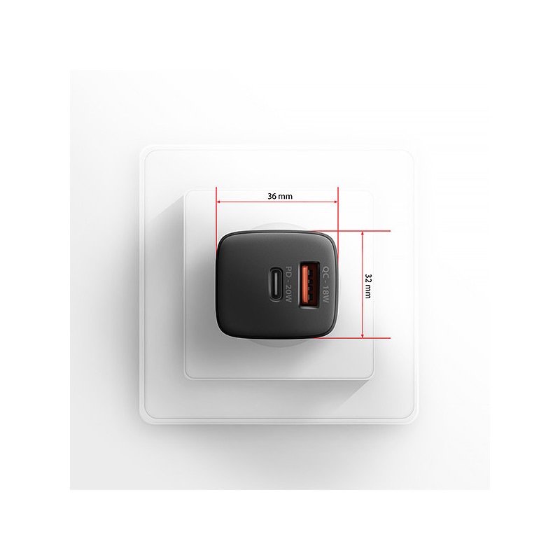 AXAGON ACU-PQ20 nabíjačka do siete 20W, 2x port (USB-A + USB-C), PD3.0/PPS/QC4+/AFC/Apple, čierna