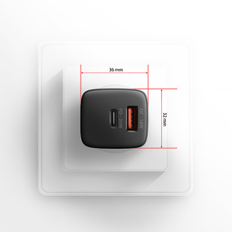 AXAGON ACU-PQ20 nabíjačka do siete 20W, 2x port (USB-A + USB-C), PD3.0/PPS/QC4+/AFC/Apple, čierna