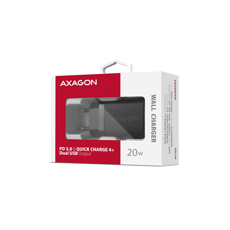 AXAGON ACU-PQ20 nabíjačka do siete 20W, 2x port (USB-A + USB-C), PD3.0/PPS/QC4+/AFC/Apple, čierna