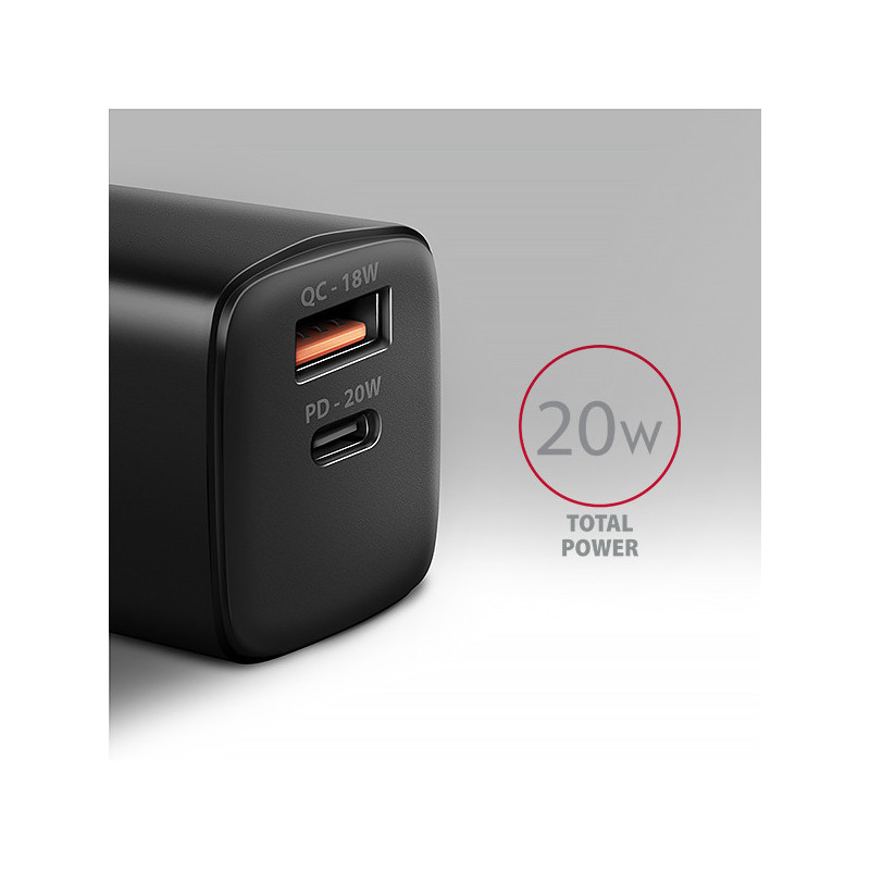 AXAGON ACU-PQ20 nabíjačka do siete 20W, 2x port (USB-A + USB-C), PD3.0/PPS/QC4+/AFC/Apple, čierna