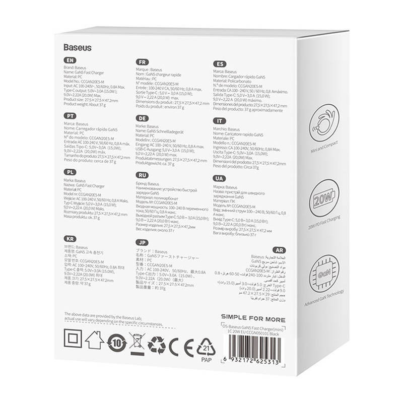 Baseus Rýchlonabíjačka do siete GaN5 Mini 20W EU čierna
