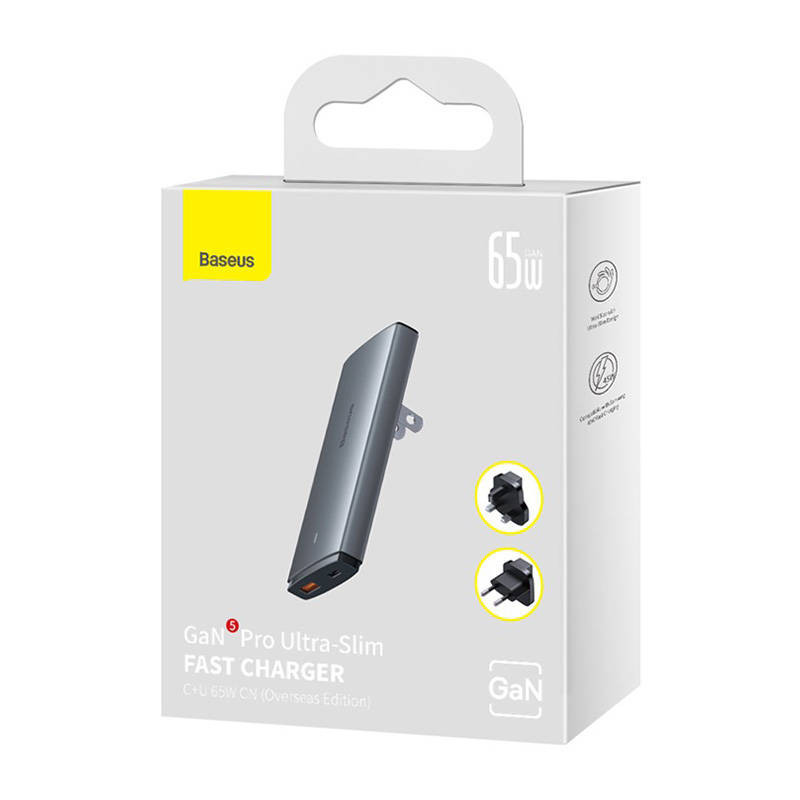 Baseus Nabíjačka do siete GaN5 Pro Ultra Slim USB-C/USB-A 65 W sivá