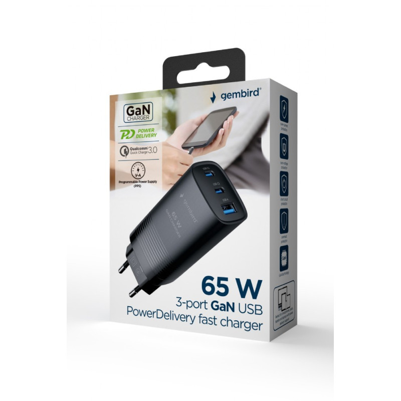 GEMBIRD PD nabíjačka 1xUSB-A 2xUSB-C 67W čierna