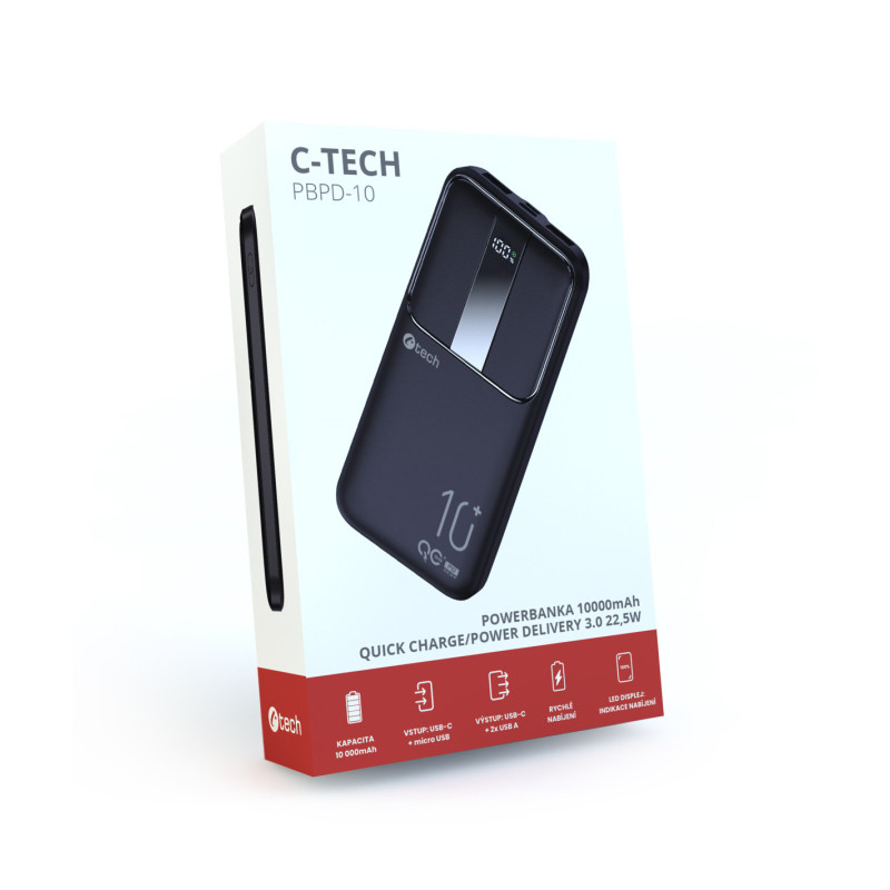 Powerbanka C-tech 10000mAh, Li-Pol, 22,5 W, USB-C/USB-A/micro USB