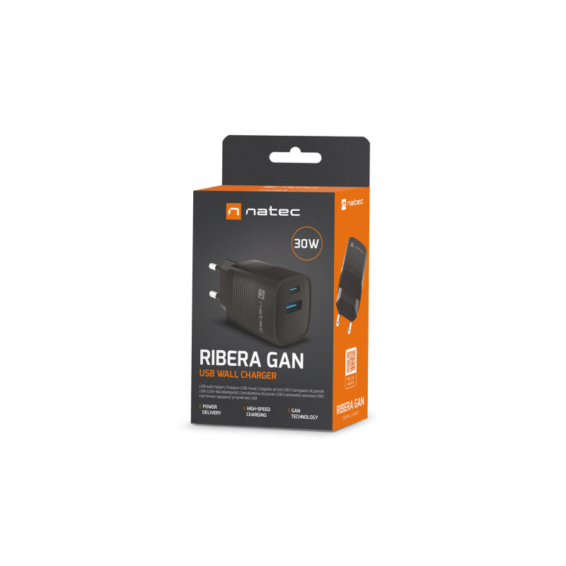 Univerzálna USB nabíjačka Natec RIBERA GaN 30 W, 1X USB-A, 1X USB-C, čierna