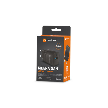 Univerzálna USB nabíjačka Natec RIBERA GaN 30 W, 1X USB-A, 1X USB-C, čierna