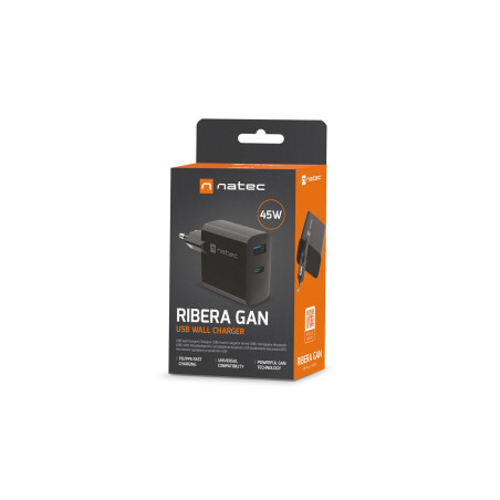Univerzálna USB nabíjačka Natec RIBERA GaN 45W, 1X USB-A, 1X USB-C, čierna