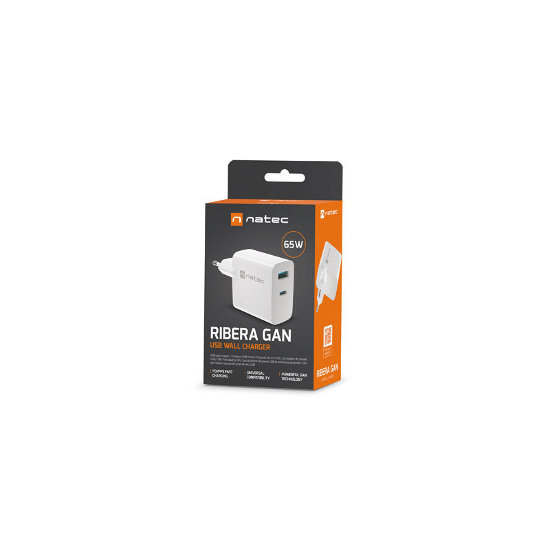 Univerzálna USB nabíjačka Natec RIBERA GaN 1X USB-A + 1X USB-C 65W, Biela