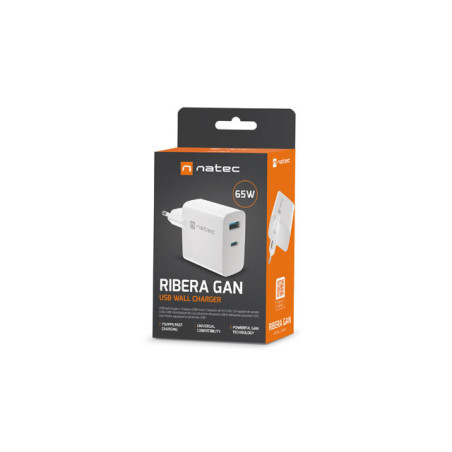 Univerzálna USB nabíjačka Natec RIBERA GaN 1X USB-A + 1X USB-C 65W, Biela