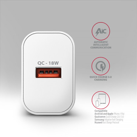 AXAGON ACU-QC18W, nabíjačka do siete 18W, 1x port USB-A, QC3.0/AFC/Apple, biela