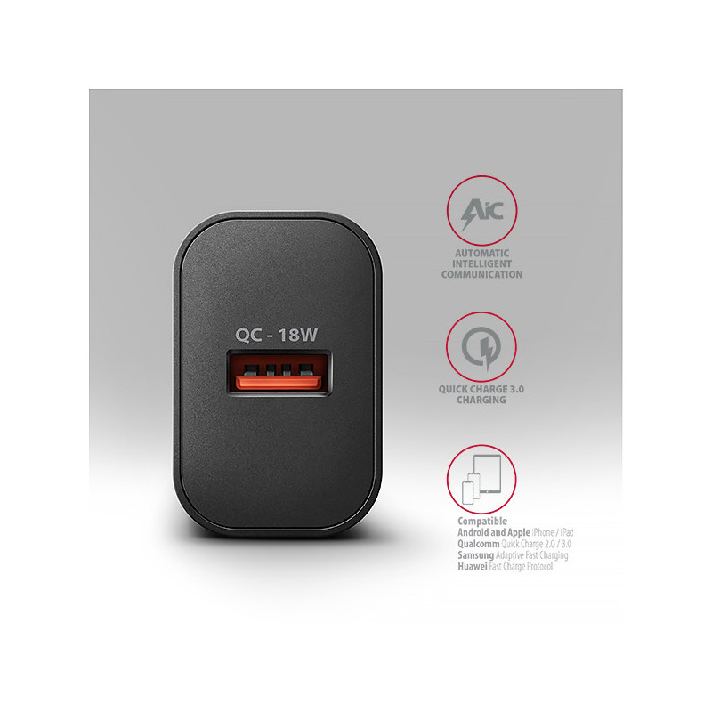 AXAGON ACU-QC18, nabíjačka do siete 18W, 1x port USB-A, QC3.0/AFC/Apple, čierna