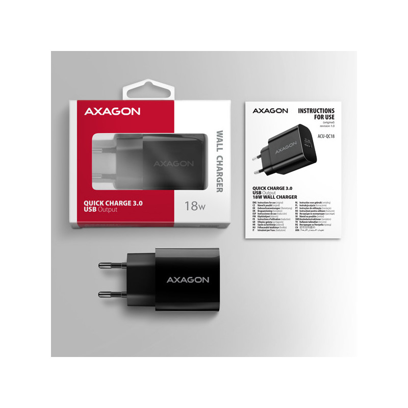 AXAGON ACU-QC18, nabíjačka do siete 18W, 1x port USB-A, QC3.0/AFC/Apple, čierna