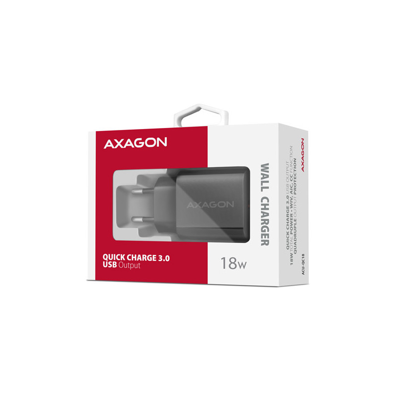 AXAGON ACU-QC18, nabíjačka do siete 18W, 1x port USB-A, QC3.0/AFC/Apple, čierna