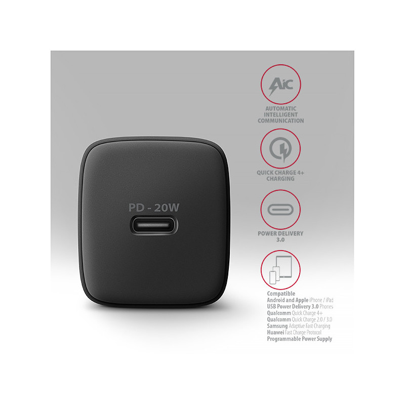 AXAGON ACU-PD20, nabíjačka do siete 20W, 1x port USB-C, PD3.0/PPS/QC4+/AFC/Apple, čierna