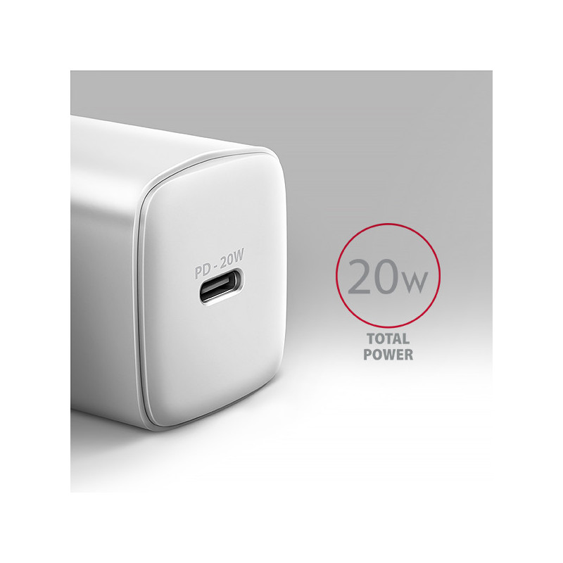 AXAGON ACU-PD20W, nabíjačka do siete 20W, 1x port USB-C, PD3.0/PPS/QC4+/AFC/Apple, biela