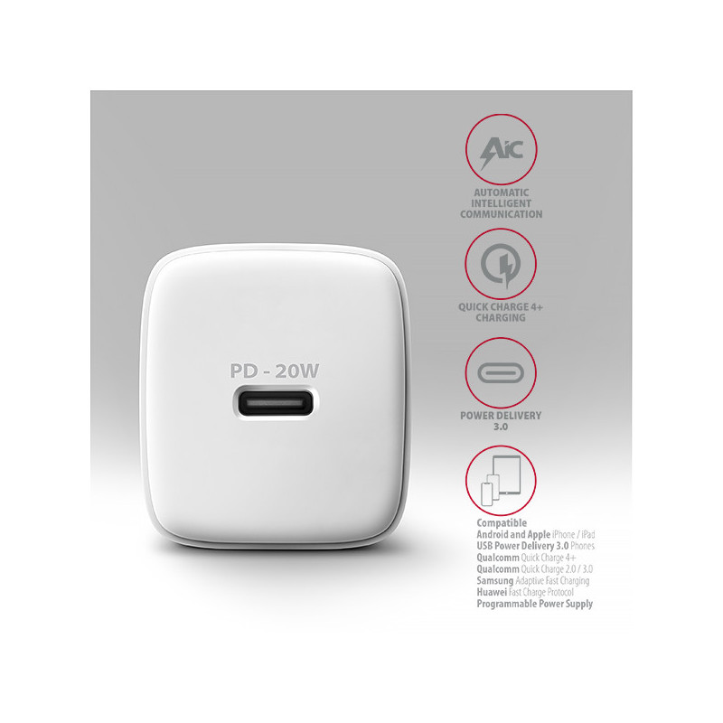 AXAGON ACU-PD20W, nabíjačka do siete 20W, 1x port USB-C, PD3.0/PPS/QC4+/AFC/Apple, biela