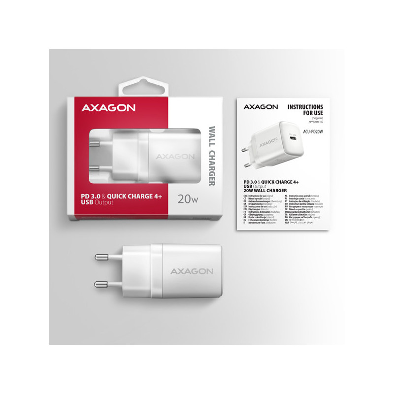 AXAGON ACU-PD20W, nabíjačka do siete 20W, 1x port USB-C, PD3.0/PPS/QC4+/AFC/Apple, biela