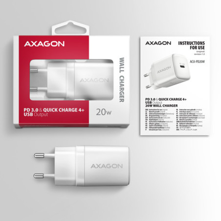 AXAGON ACU-PD20W, nabíjačka do siete 20W, 1x port USB-C, PD3.0/PPS/QC4+/AFC/Apple, biela